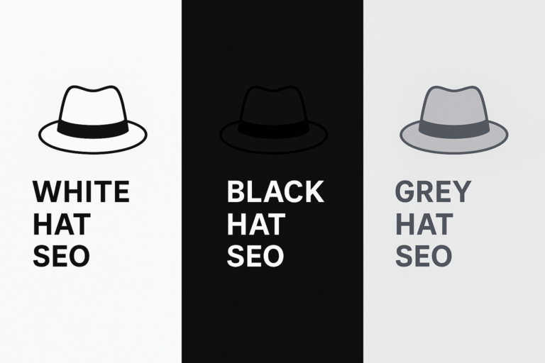Illustration comparing White Hat, Black Hat, and Grey Hat SEO with three fedora hats in white, black, and grey colors, each labeled accordingly on a divided background.