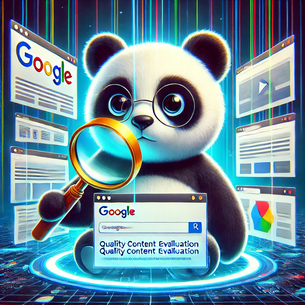 Cartoon panda with a magnifying glass analyzing a webpage, symbolizing the Google Panda algorithm