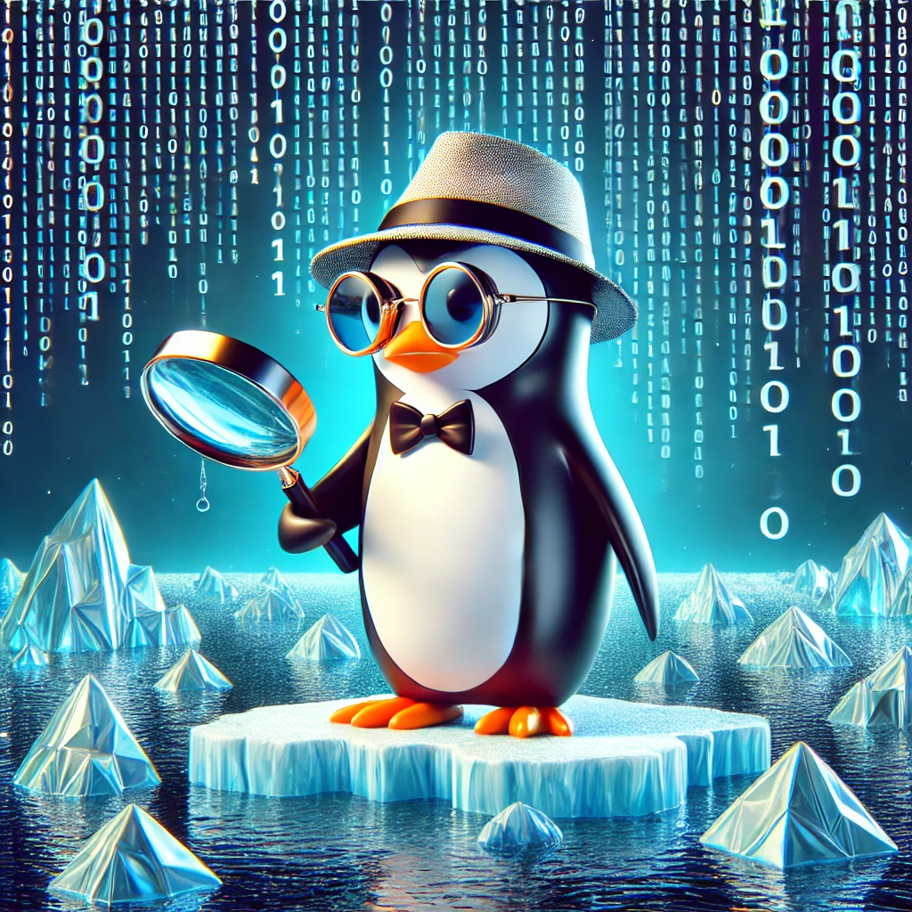 Cartoon penguin in detective gear investigating links between websites on a digital ice floe