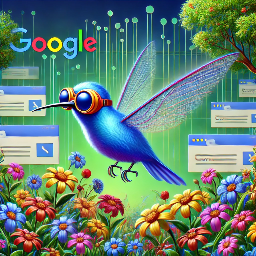 Cartoon hummingbird with high-tech goggles hovering over a digital garden of content flowers.