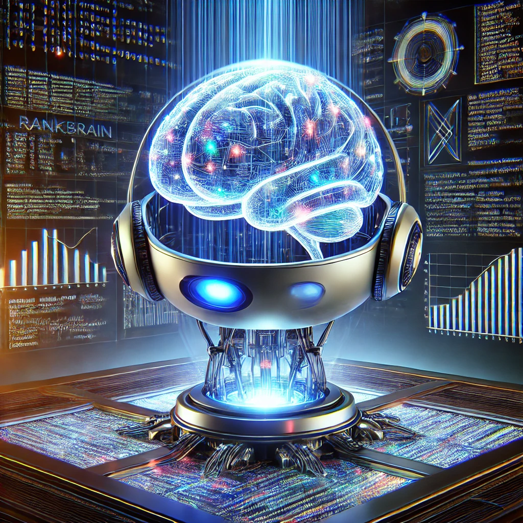 Futuristic robot with a brain-like structure analyzing data streams for SEO optimization