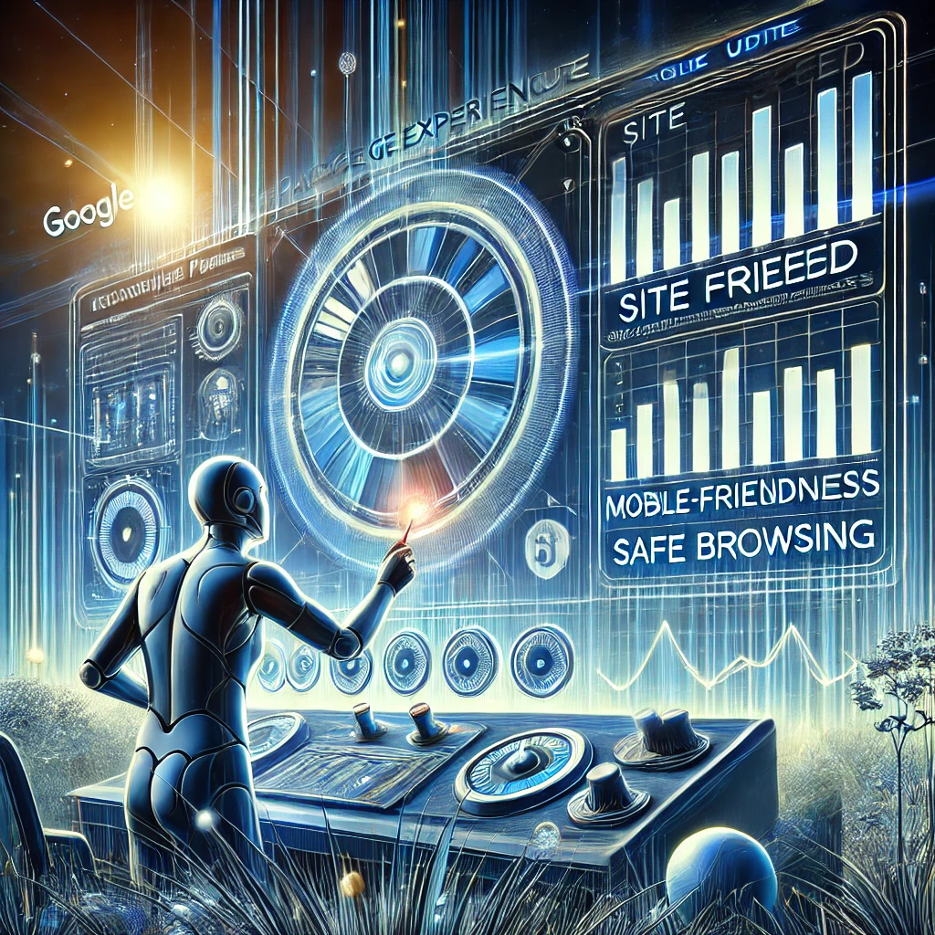 A figure adjusting a digital dashboard with metrics for site speed, mobile-friendliness, and safe browsing