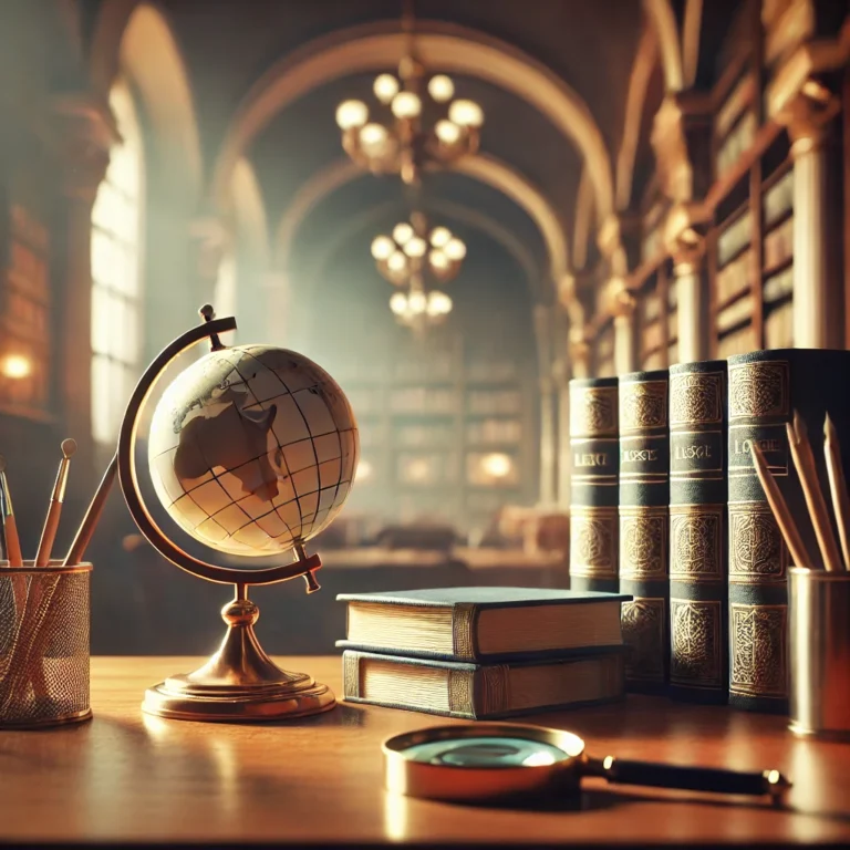 Elegant library setting with rows of books, a globe, and a magnifying glass on a desk, symbolizing the pursuit of knowledge and research