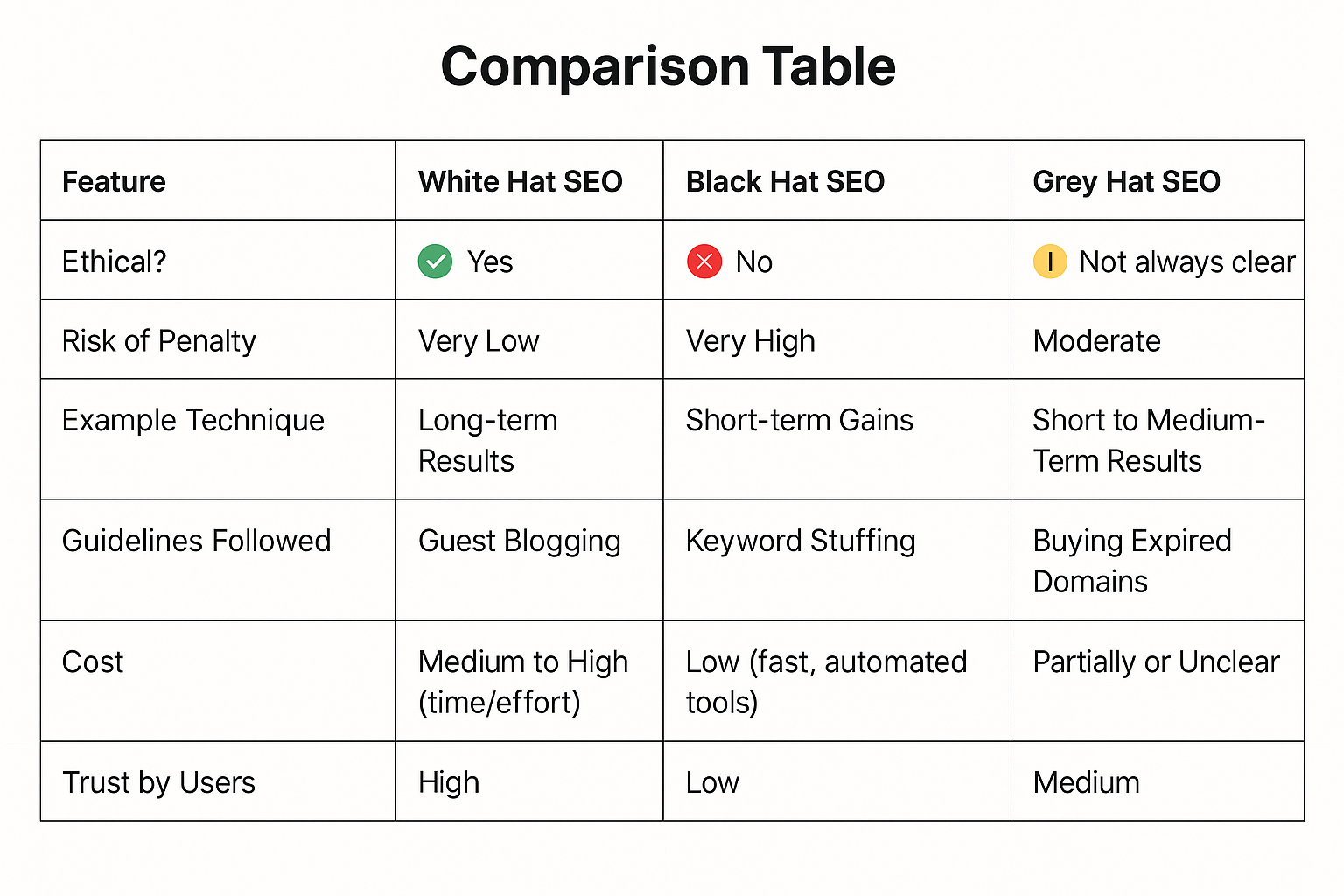 A comparison table showing differences between White Hat SEO, Black Hat SEO, and Grey Hat SEO across features like ethics, penalty risk, longevity, techniques, guidelines, cost, and user trust.