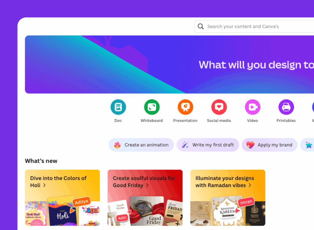 Canva dashboard interface showing design categories like document, whiteboard, presentation, social media, video, and printables with featured design templates.