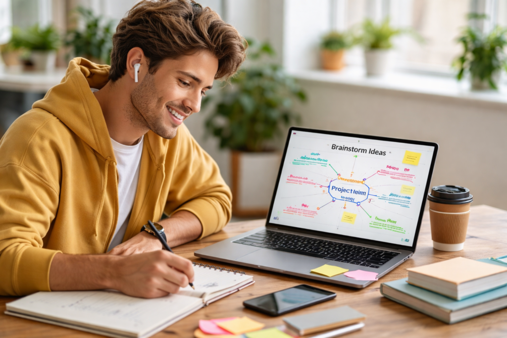 Student brainstorming ideas on a laptop with a mind map on the screen while taking notes in a notebook.