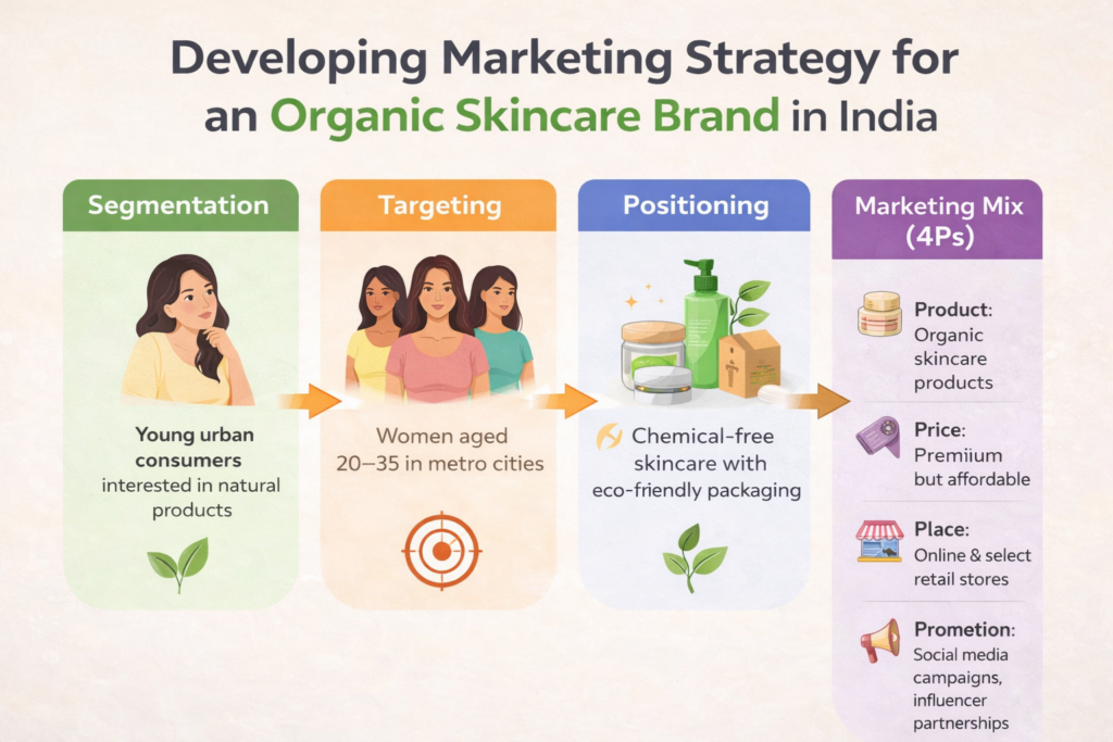 Marketing strategy infographic for an organic skincare brand in India showing segmentation, targeting, positioning, and marketing mix (4Ps) with visuals of consumers and skincare products.