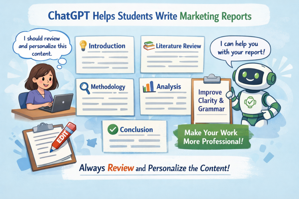 ChatGPT helping students create well-structured marketing reports with sections like introduction, literature review, methodology, analysis, and conclusion.