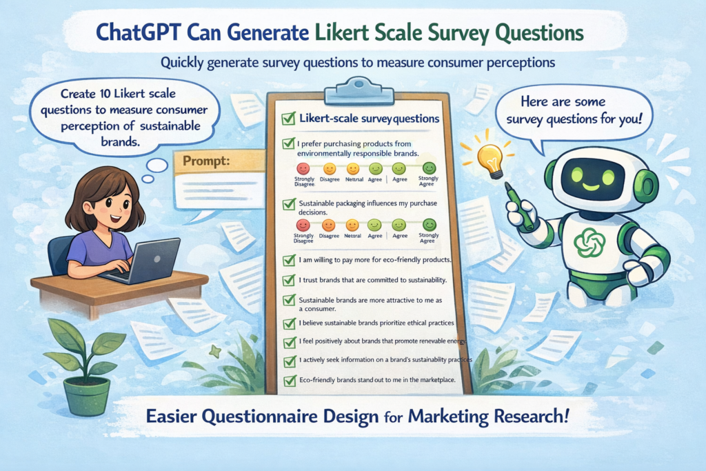 ChatGPT helping students generate Likert scale survey questions for marketing research on sustainable brands with example statements and response scales.