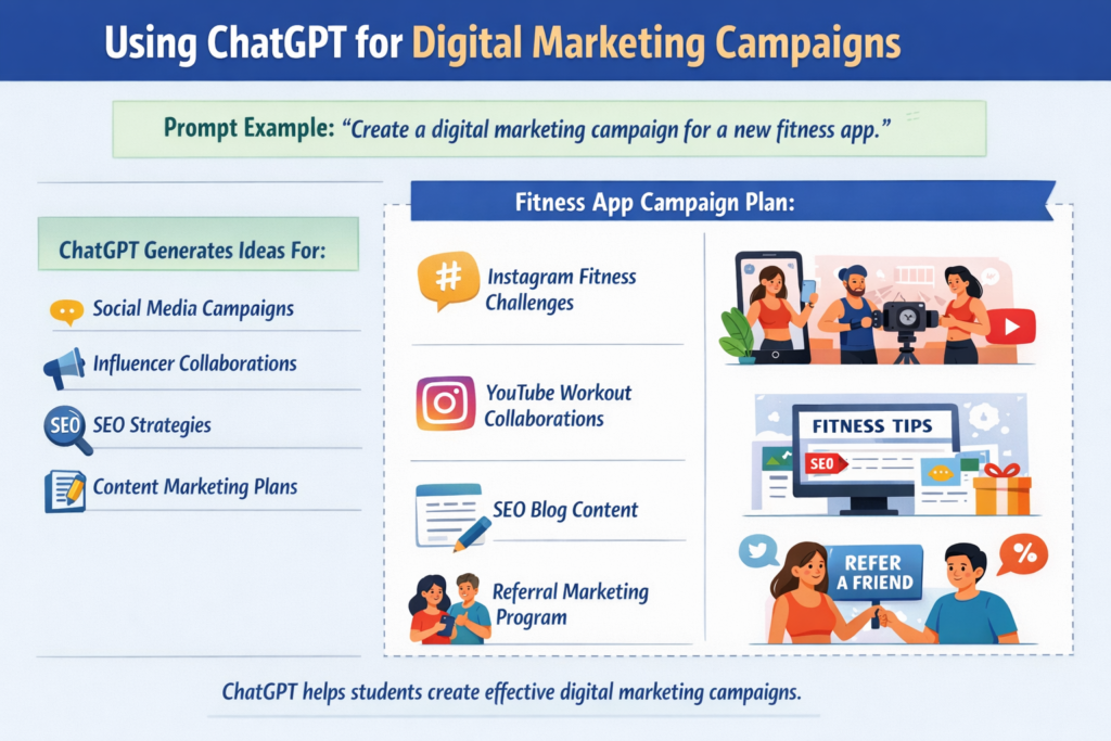 ChatGPT helping students design digital marketing campaigns with ideas for social media, influencer collaborations, SEO strategies, and content marketing for a fitness app.