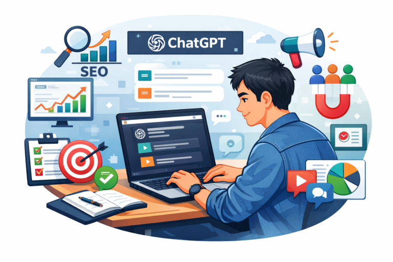 Marketing student using ChatGPT for marketing projects, digital marketing strategy, and market research