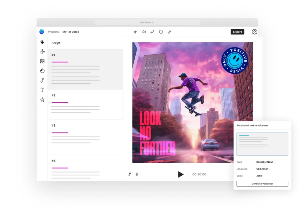 InVideo AI video editor interface showing script-based video creation, automated voiceover generation, and video preview.
