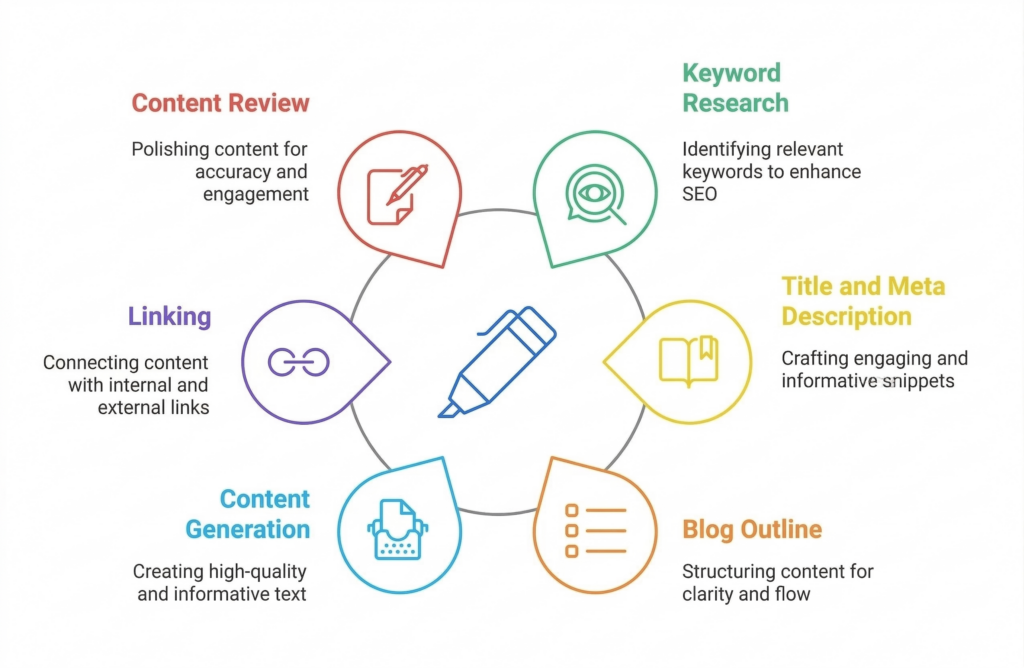 AI-powered blog writing workflow showing keyword research, blog outline, content generation, linking, content review, and title and meta description optimization.