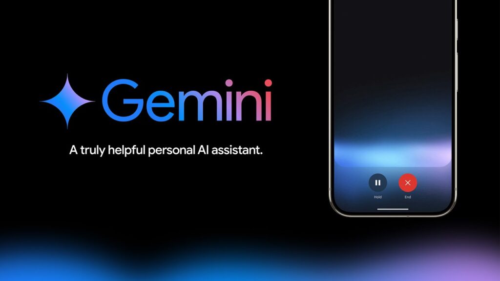 Google Gemini AI assistant interface shown on a smartphone, highlighting Gemini as a personal AI assistant for tasks, search, and productivity.