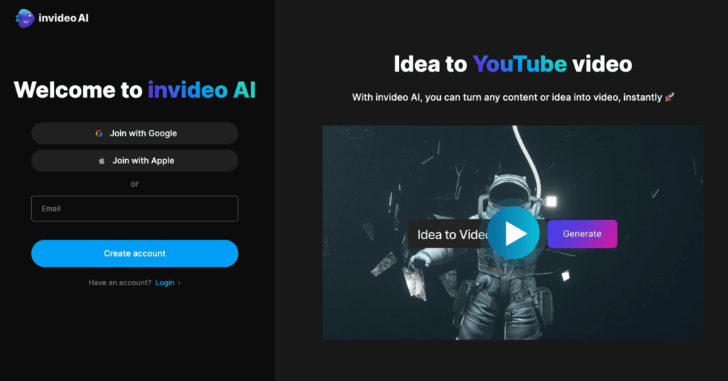 InVideo AI dashboard showing idea-to-YouTube video generator that converts text ideas into videos automatically.