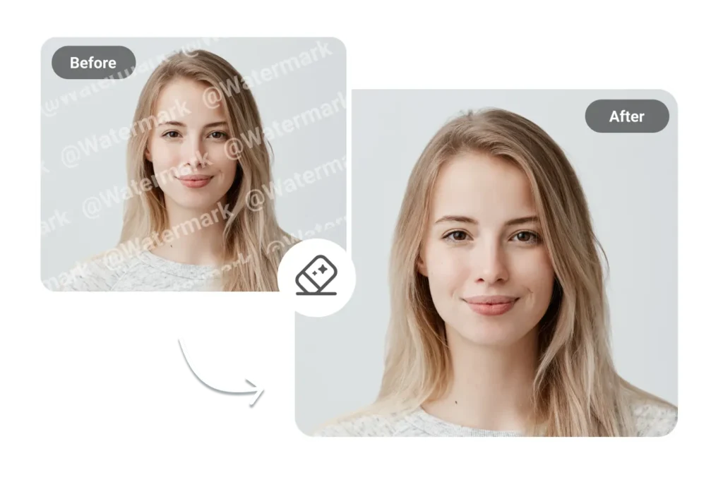AI image enhancement tool removing watermark from a portrait photo showing before and after comparison.