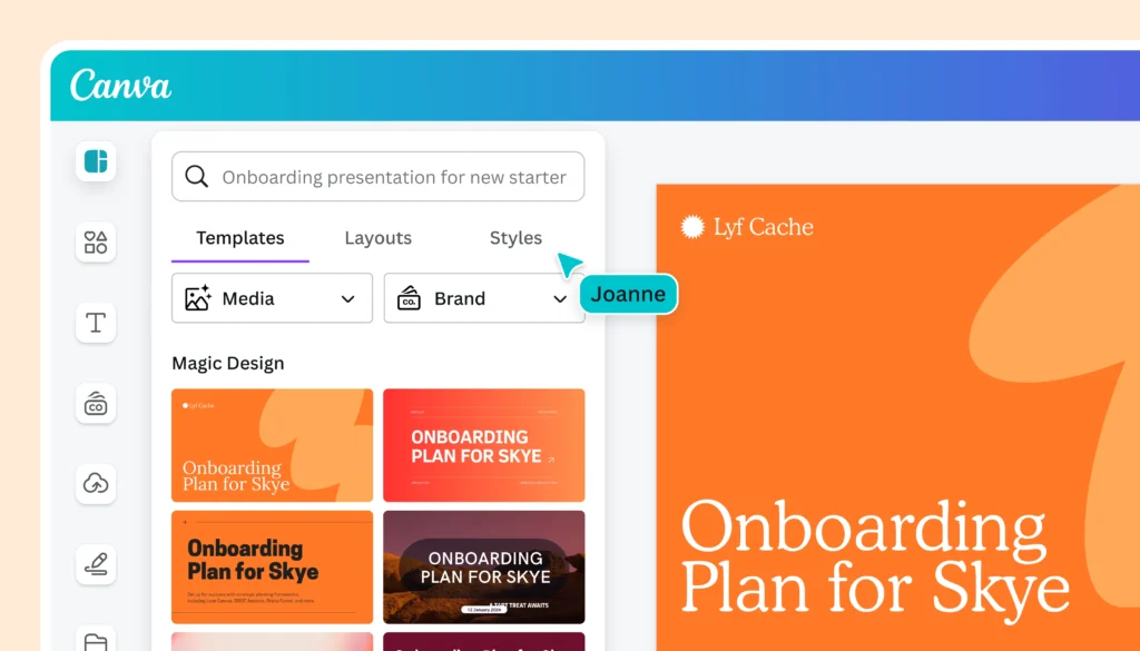 Canva presentation editor showing templates and Magic Design feature used to create an onboarding presentation for a new employee.