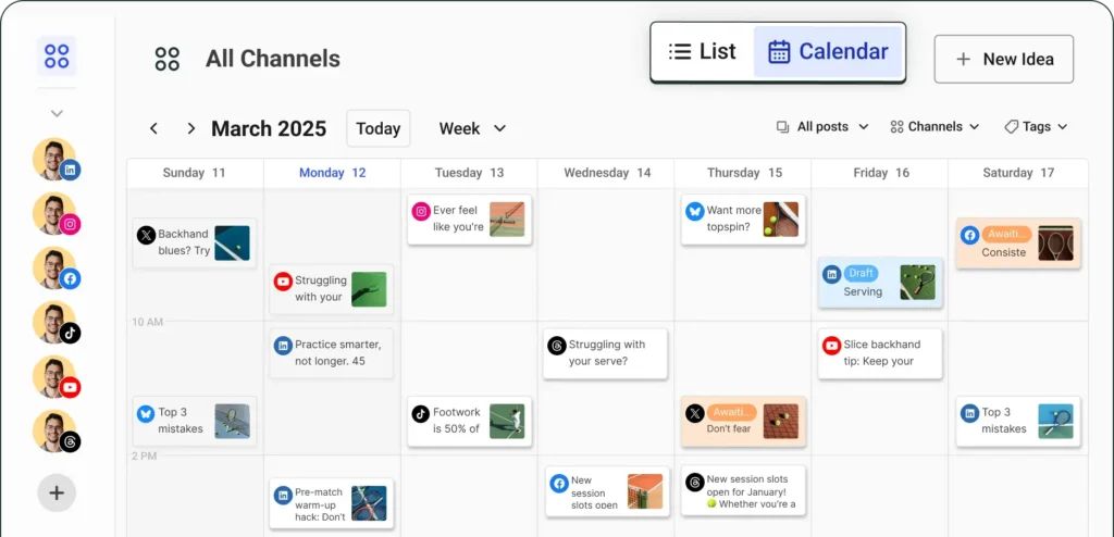 Social media content calendar dashboard showing scheduled posts across multiple platforms like LinkedIn, Instagram, YouTube, and Facebook.