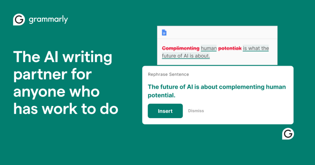 Grammarly AI writing assistant interface showing grammar correction and sentence rephrasing suggestions to improve writing quality.
