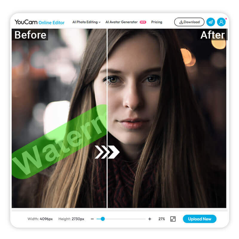 YouCam AI photo editor showing before and after comparison of watermark removal from an image.