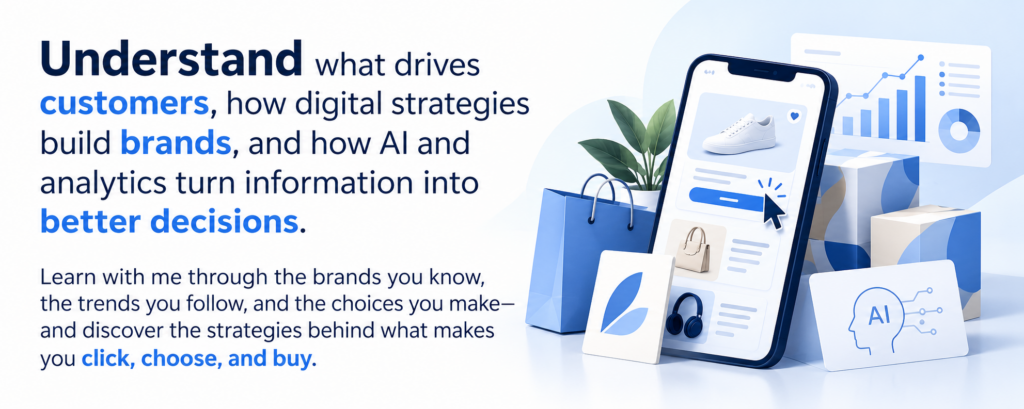 Marketing learning banner with a smartphone, shopping bags, analytics charts and an AI symbol, illustrating customer choices and digital strategies.
